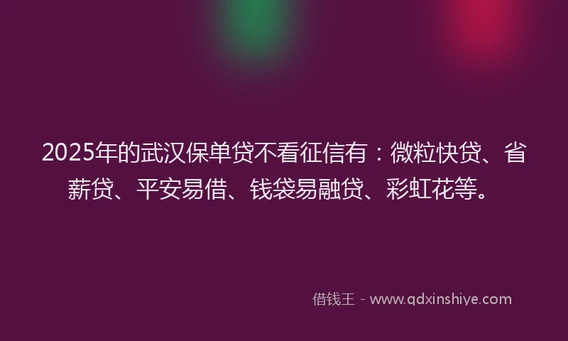 2025年的武汉保单贷不看征信有：微粒快贷、省薪贷、平安易借、钱袋易融贷、彩虹花等。