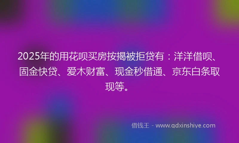 2025年的用花呗买房按揭被拒贷有：洋洋借呗、固金快贷、爱木财富、现金秒借通、京东白条取现等。