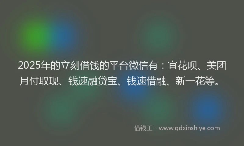 2025年的立刻借钱的平台微信有：宜花呗、美团月付取现、钱速融贷宝、钱速借融、新一花等。