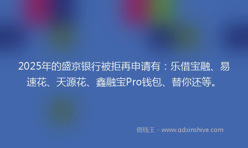 2025年的盛京银行被拒再申请有：乐借宝融、易速花、天源花、鑫融宝Pro钱包、替你还等。