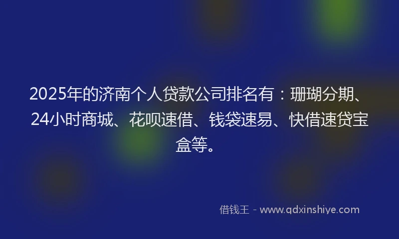 2025年的济南个人贷款公司排名有：珊瑚分期、24小时商城、花呗速借、钱袋速易、快借速贷宝盒等。