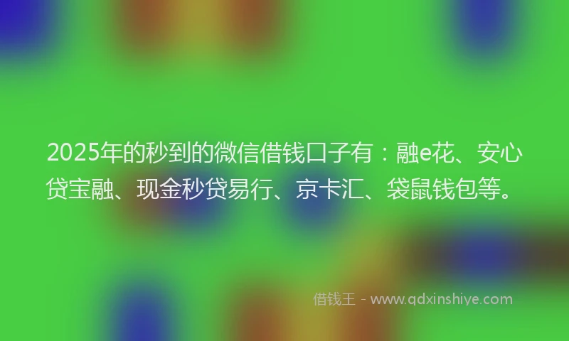 2025年的秒到的微信借钱口子有：融e花、安心贷宝融、现金秒贷易行、京卡汇、袋鼠钱包等。