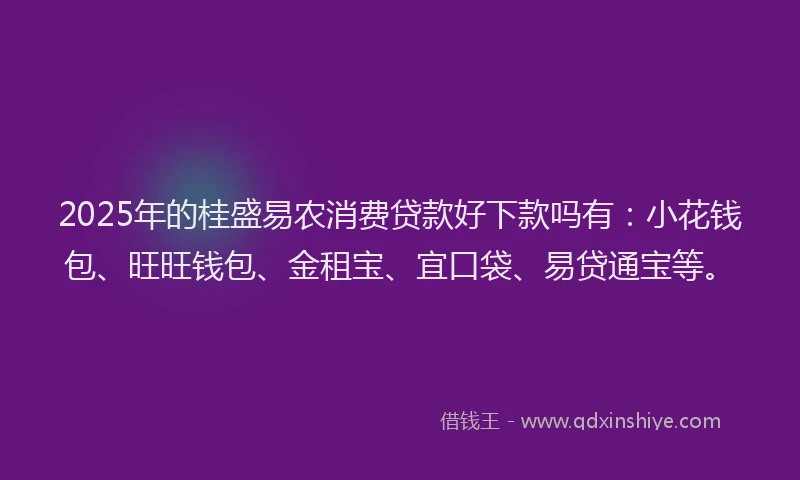 2025年的桂盛易农消费贷款好下款吗有：小花钱包、旺旺钱包、金租宝、宜口袋、易贷通宝等。