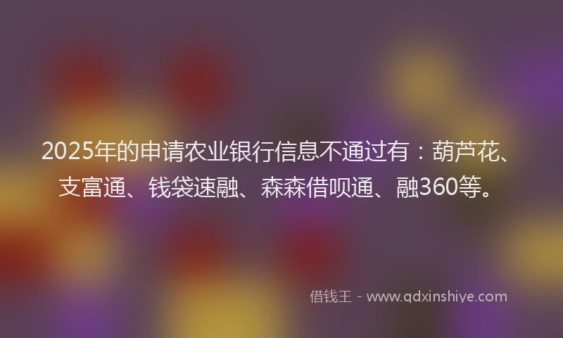 2025年的申请农业银行信息不通过有：葫芦花、支富通、钱袋速融、森森借呗通、融360等。