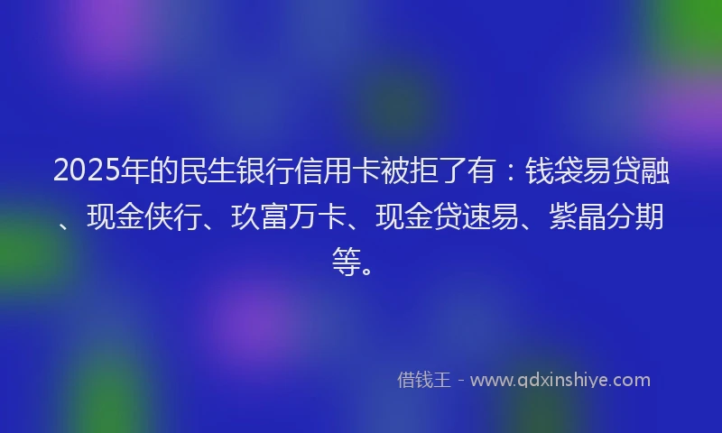 2025年的民生银行信用卡被拒了有：钱袋易贷融、现金侠行、玖富万卡、现金贷速易、紫晶分期等。