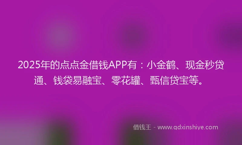 2025年的点点金借钱APP有：小金鹤、现金秒贷通、钱袋易融宝、零花罐、甄信贷宝等。