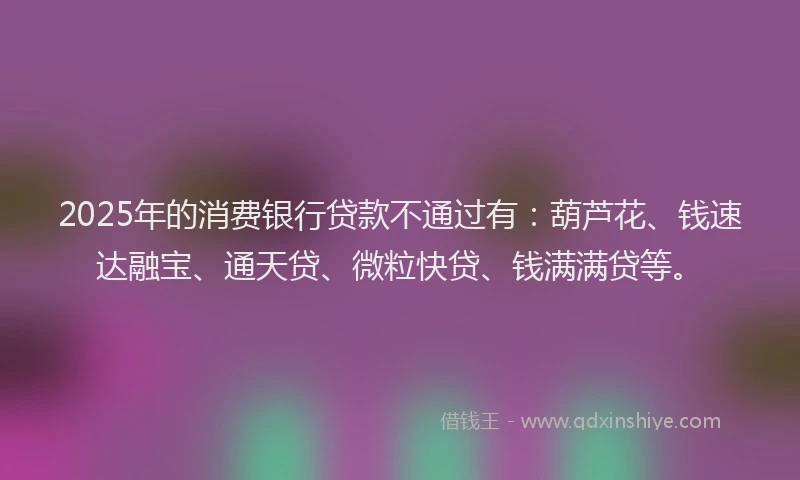 2025年的消费银行贷款不通过有：葫芦花、钱速达融宝、通天贷、微粒快贷、钱满满贷等。