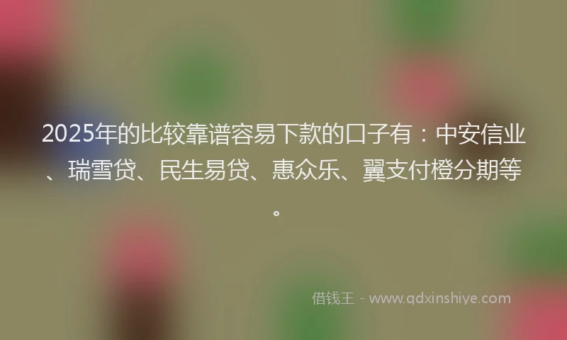2025年的比较靠谱容易下款的口子有：中安信业、瑞雪贷、民生易贷、惠众乐、翼支付橙分期等。