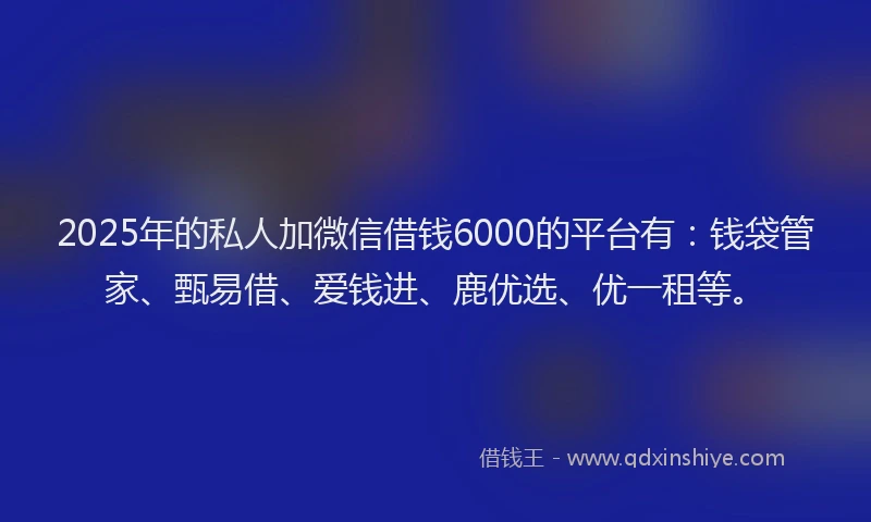 2025年的私人加微信借钱6000的平台有：钱袋管家、甄易借、爱钱进、鹿优选、优一租等。