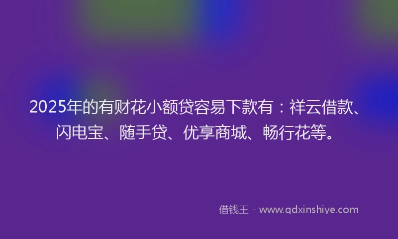 2025年的有财花小额贷容易下款有：祥云借款、闪电宝、随手贷、优享商城、畅行花等。