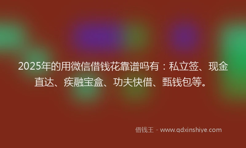 2025年的用微信借钱花靠谱吗有：私立签、现金直达、疾融宝盒、功夫快借、甄钱包等。
