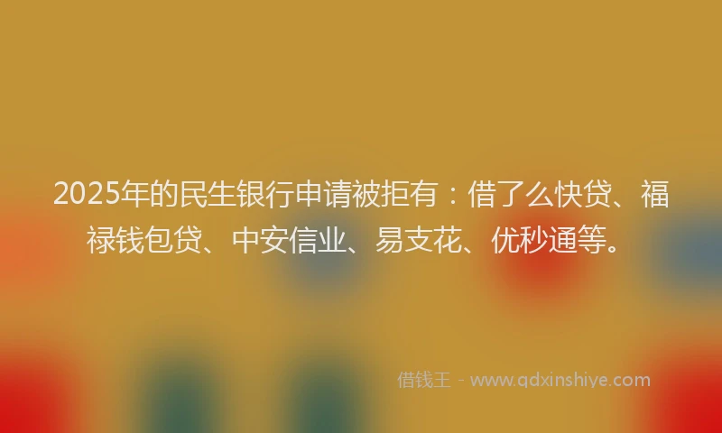 2025年的民生银行申请被拒有：借了么快贷、福禄钱包贷、中安信业、易支花、优秒通等。