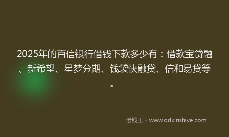 2025年的百信银行借钱下款多少有：借款宝贷融、新希望、星梦分期、钱袋快融贷、信和易贷等。