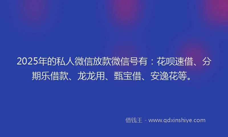 2025年的私人微信放款微信号有：花呗速借、分期乐借款、龙龙用、甄宝借、安逸花等。