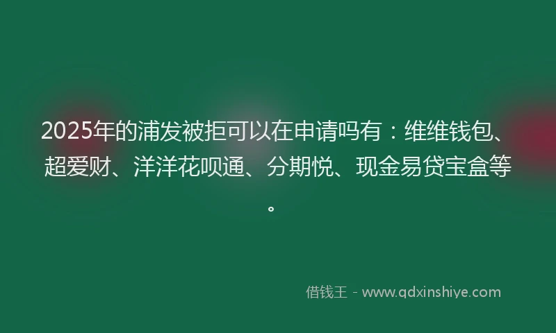 2025年的浦发被拒可以在申请吗有：维维钱包、超爱财、洋洋花呗通、分期悦、现金易贷宝盒等。