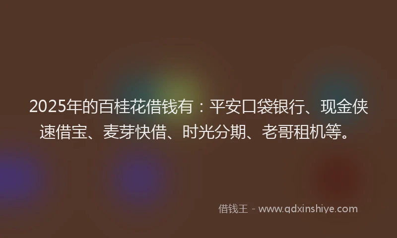 2025年的百桂花借钱有：平安口袋银行、现金侠速借宝、麦芽快借、时光分期、老哥租机等。