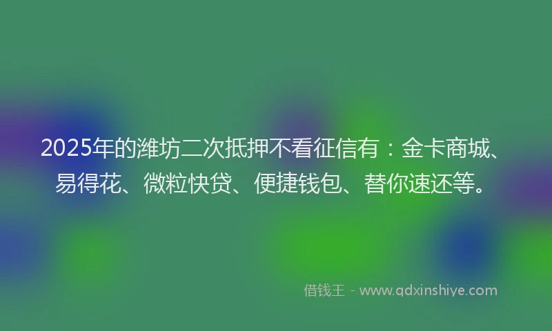 2025年的潍坊二次抵押不看征信有：金卡商城、易得花、微粒快贷、便捷钱包、替你速还等。