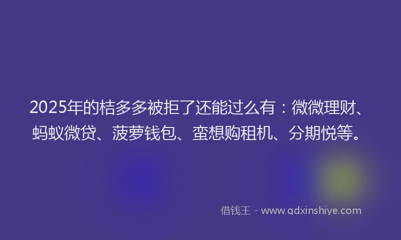2025年的桔多多被拒了还能过么有：微微理财、蚂蚁微贷、菠萝钱包、蛮想购租机、分期悦等。