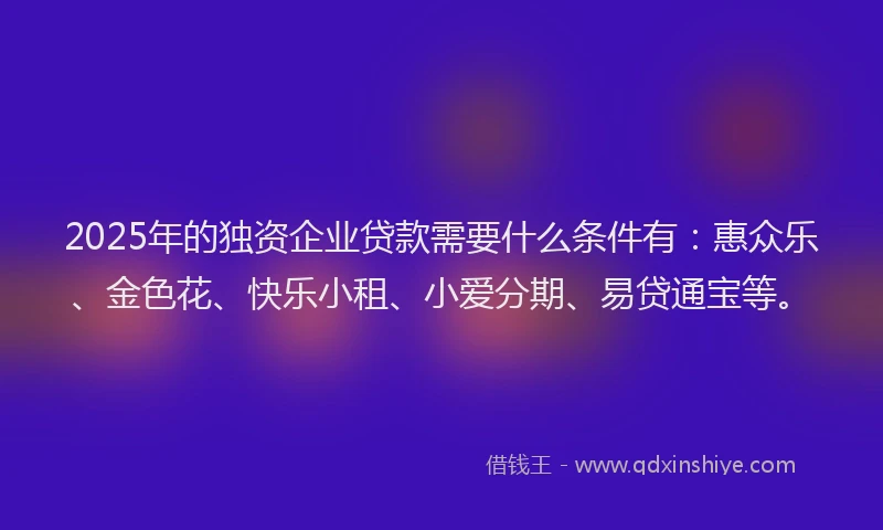 2025年的独资企业贷款需要什么条件有：惠众乐、金色花、快乐小租、小爱分期、易贷通宝等。