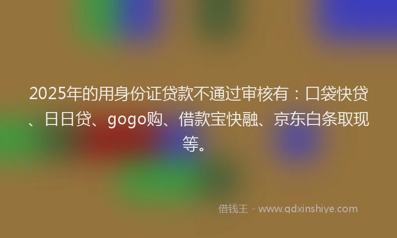 2025年的用身份证贷款不通过审核有：口袋快贷、日日贷、gogo购、借款宝快融、京东白条取现等。