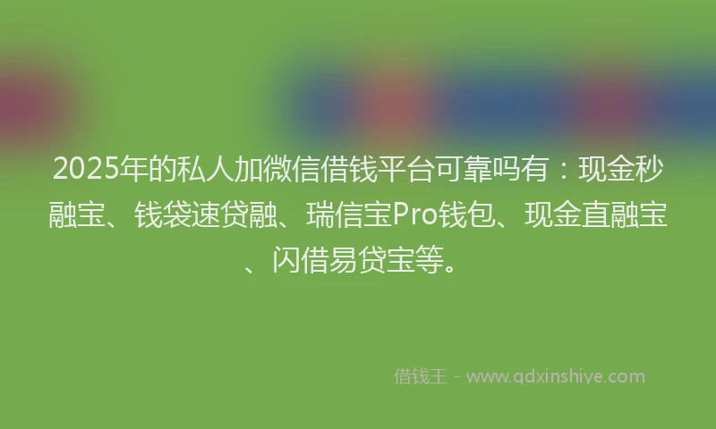 2025年的私人加微信借钱平台可靠吗有：现金秒融宝、钱袋速贷融、瑞信宝Pro钱包、现金直融宝、闪借易贷宝等。