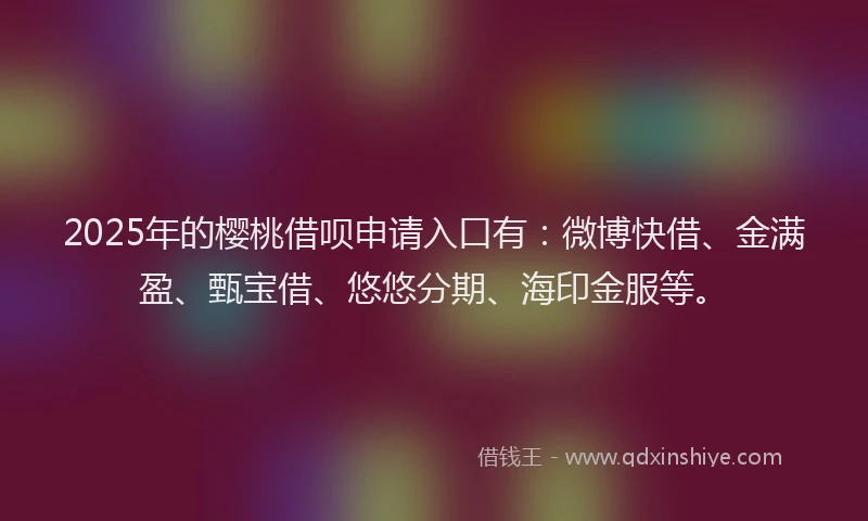 2025年的樱桃借呗申请入口有：微博快借、金满盈、甄宝借、悠悠分期、海印金服等。