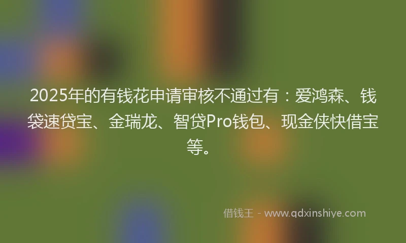 2025年的有钱花申请审核不通过有：爱鸿森、钱袋速贷宝、金瑞龙、智贷Pro钱包、现金侠快借宝等。