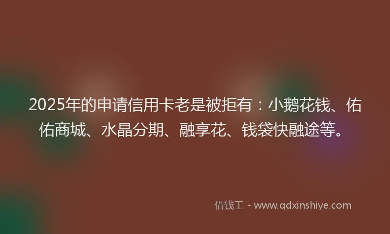 2025年的申请信用卡老是被拒有：小鹅花钱、佑佑商城、水晶分期、融享花、钱袋快融途等。