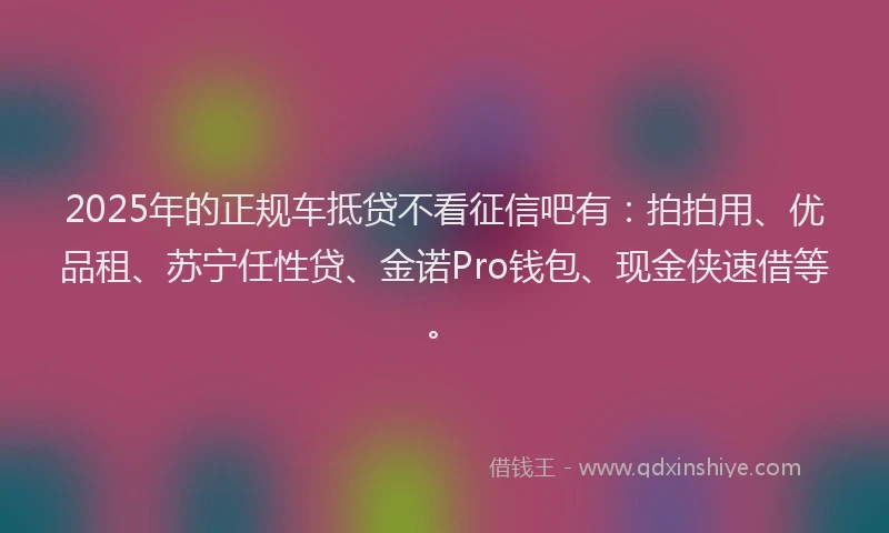 2025年的正规车抵贷不看征信吧有：拍拍用、优品租、苏宁任性贷、金诺Pro钱包、现金侠速借等。