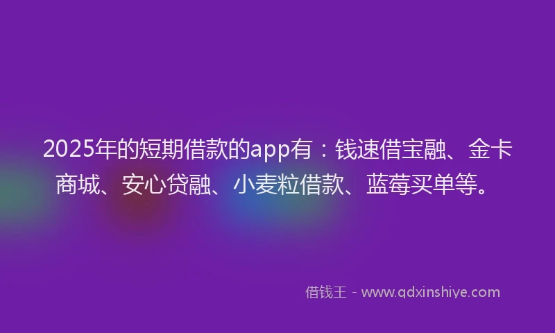 2025年的短期借款的app有：钱速借宝融、金卡商城、安心贷融、小麦粒借款、蓝莓买单等。