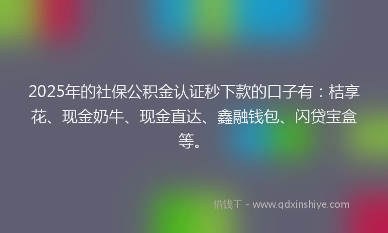 2025年的社保公积金认证秒下款的口子有：桔享花、现金奶牛、现金直达、鑫融钱包、闪贷宝盒等。