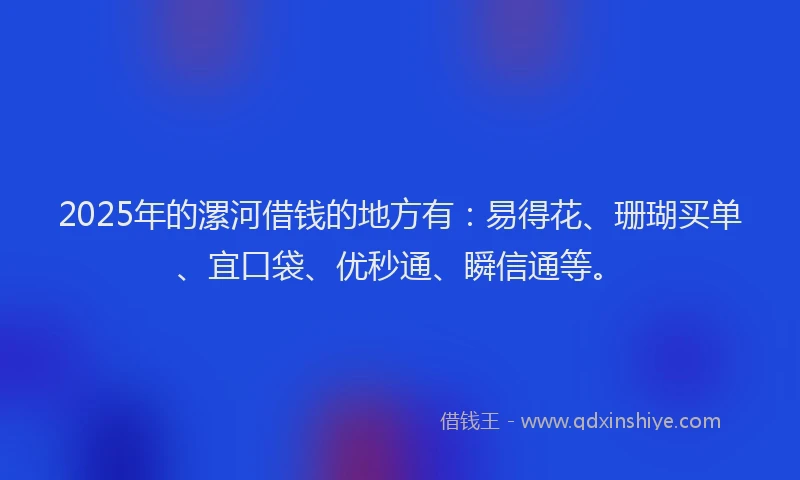 2025年的漯河借钱的地方有：易得花、珊瑚买单、宜口袋、优秒通、瞬信通等。