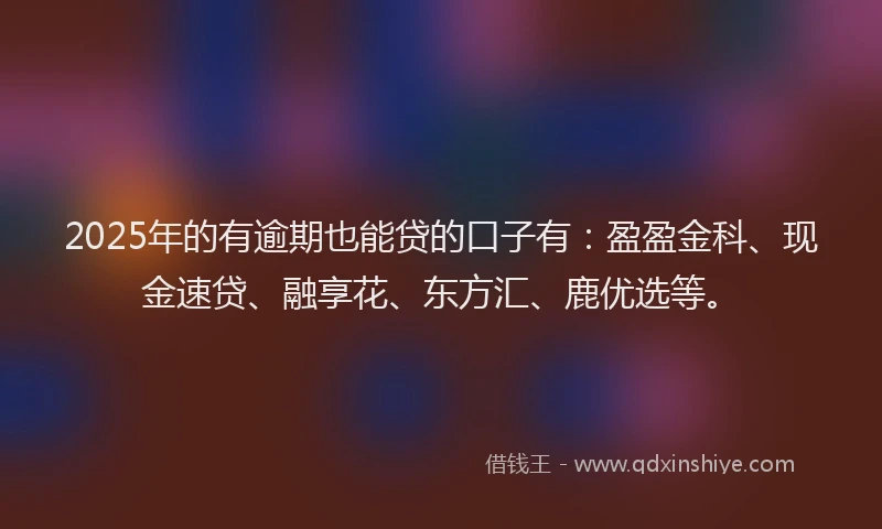 2025年的有逾期也能贷的口子有：盈盈金科、现金速贷、融享花、东方汇、鹿优选等。