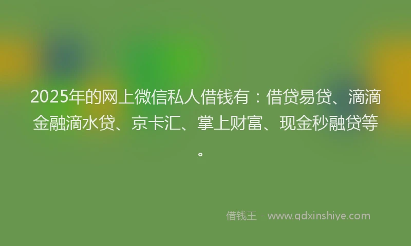 2025年的网上微信私人借钱有：借贷易贷、滴滴金融滴水贷、京卡汇、掌上财富、现金秒融贷等。