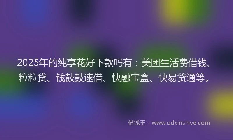 2025年的纯享花好下款吗有：美团生活费借钱、粒粒贷、钱鼓鼓速借、快融宝盒、快易贷通等。