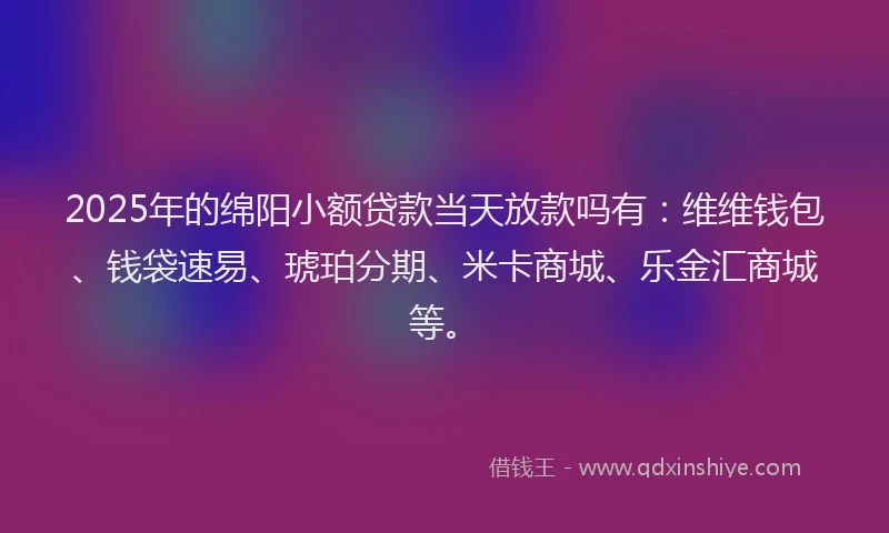 2025年的绵阳小额贷款当天放款吗有：维维钱包、钱袋速易、琥珀分期、米卡商城、乐金汇商城等。