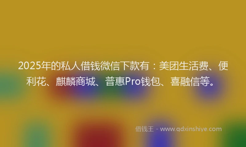 2025年的私人借钱微信下款有：美团生活费、便利花、麒麟商城、普惠Pro钱包、喜融信等。