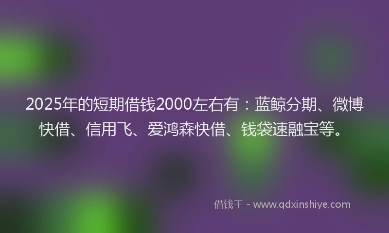 2025年的短期借钱2000左右有：蓝鲸分期、微博快借、信用飞、爱鸿森快借、钱袋速融宝等。