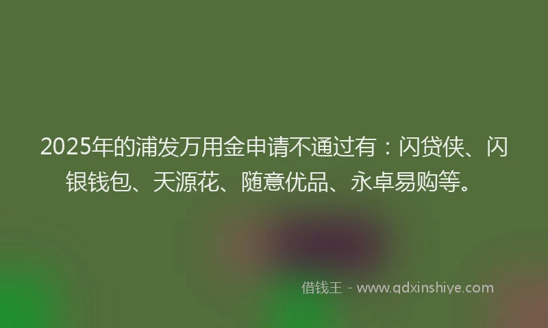 2025年的浦发万用金申请不通过有：闪贷侠、闪银钱包、天源花、随意优品、永卓易购等。