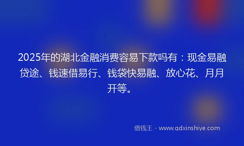 2025年的湖北金融消费容易下款吗有：现金易融贷途、钱速借易行、钱袋快易融、放心花、月月开等。
