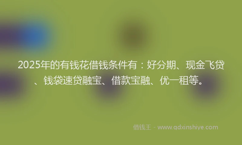 2025年的有钱花借钱条件有：好分期、现金飞贷、钱袋速贷融宝、借款宝融、优一租等。