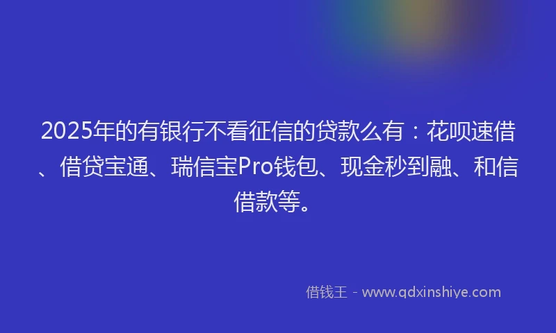 2025年的有银行不看征信的贷款么有：花呗速借、借贷宝通、瑞信宝Pro钱包、现金秒到融、和信借款等。