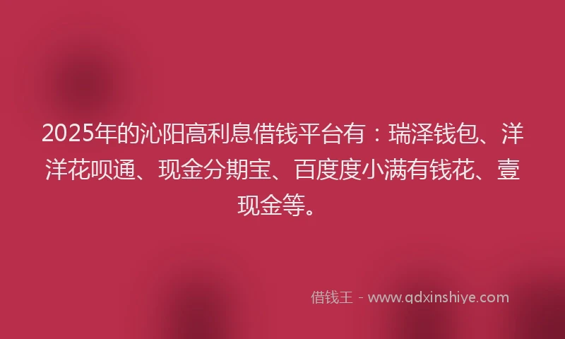 2025年的沁阳高利息借钱平台有：瑞泽钱包、洋洋花呗通、现金分期宝、百度度小满有钱花、壹现金等。