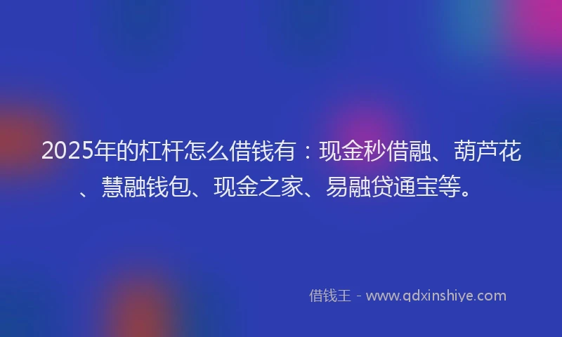 2025年的杠杆怎么借钱有：现金秒借融、葫芦花、慧融钱包、现金之家、易融贷通宝等。