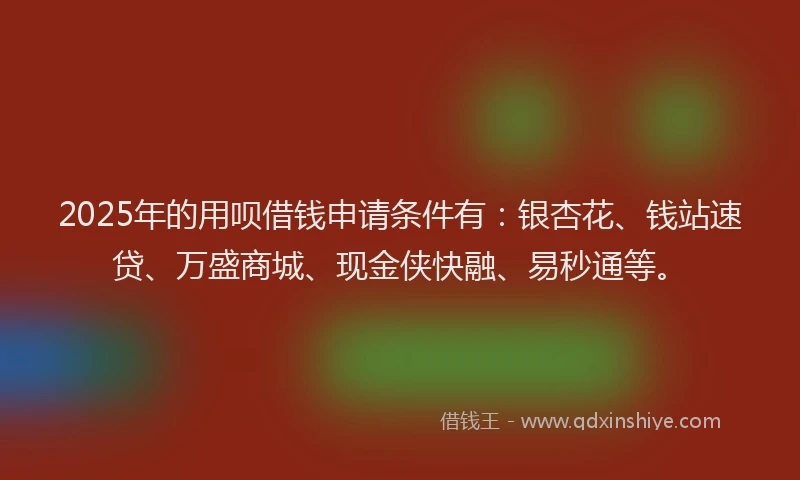 2025年的用呗借钱申请条件有：银杏花、钱站速贷、万盛商城、现金侠快融、易秒通等。