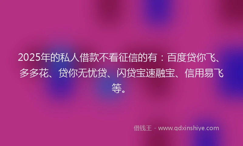 2025年的私人借款不看征信的有：百度贷你飞、多多花、贷你无忧贷、闪贷宝速融宝、信用易飞等。
