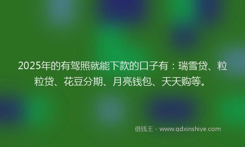 2025年的有驾照就能下款的口子有：瑞雪贷、粒粒贷、花豆分期、月亮钱包、天天购等。