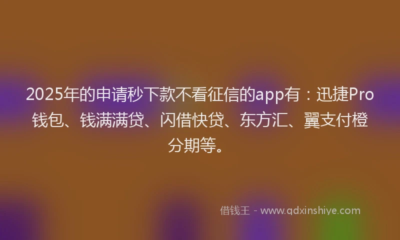 2025年的申请秒下款不看征信的app有：迅捷Pro钱包、钱满满贷、闪借快贷、东方汇、翼支付橙分期等。