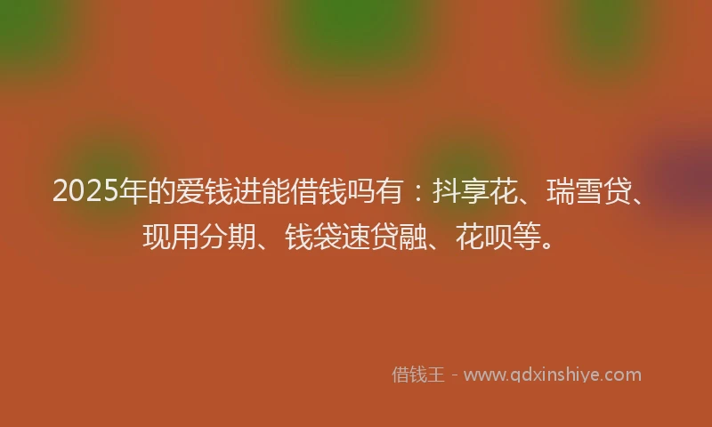 2025年的爱钱进能借钱吗有：抖享花、瑞雪贷、现用分期、钱袋速贷融、花呗等。