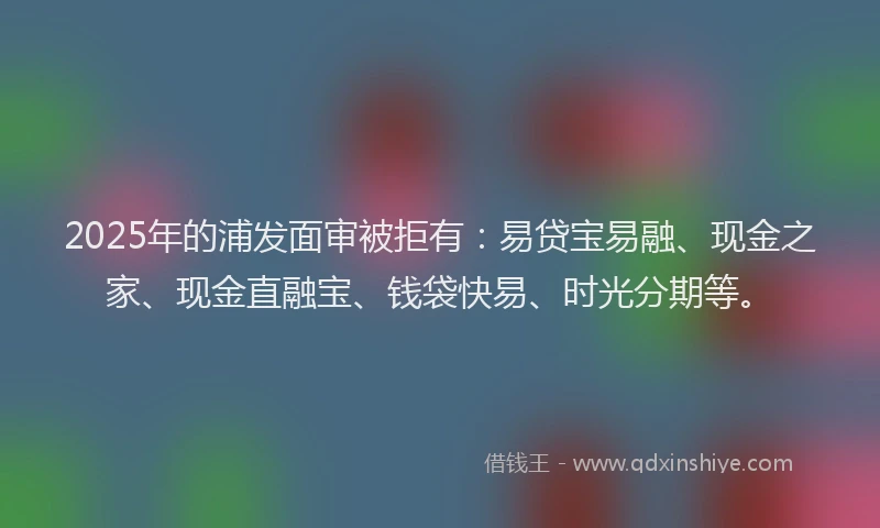 2025年的浦发面审被拒有：易贷宝易融、现金之家、现金直融宝、钱袋快易、时光分期等。